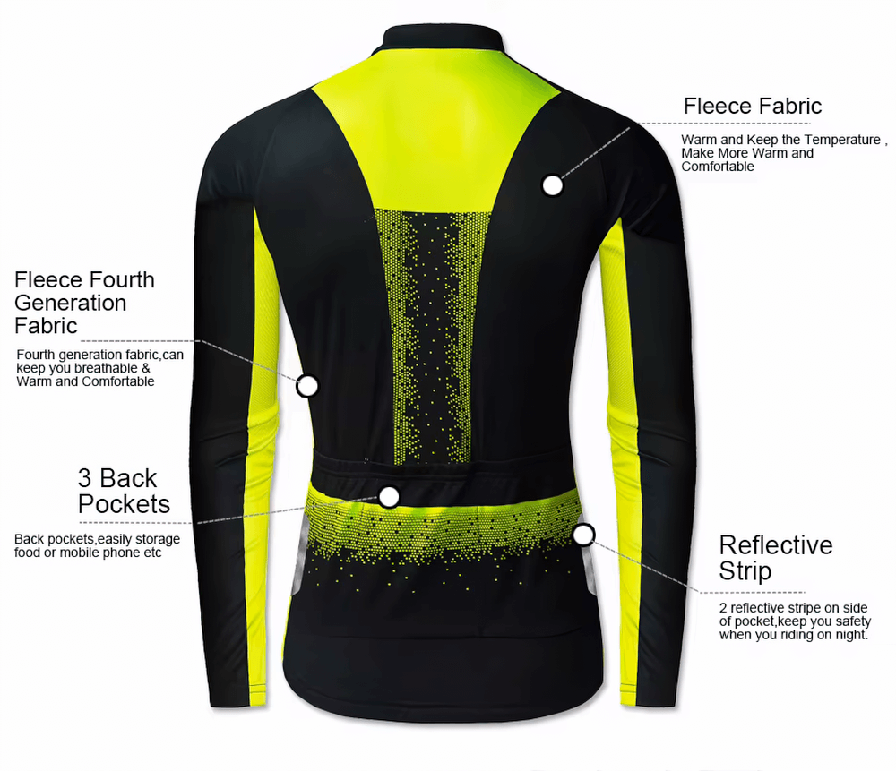 Men's fleece cycling jersey back view showcasing thermal fabric, reflective strip, and three back pockets for gear storage.