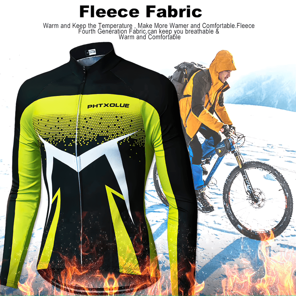 Men's fleece cycling jersey with vibrant colors, designed for warmth and comfort during winter rides.