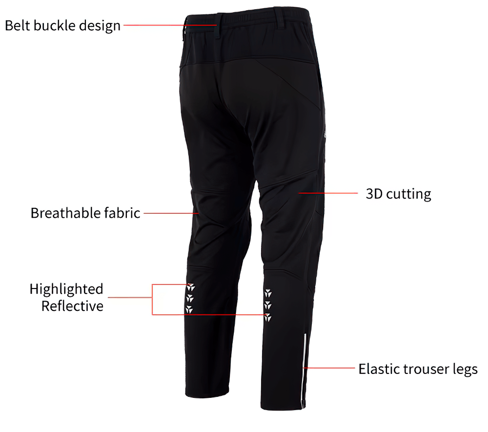 Rear view of men's fleece cycling pants with reflective details, belt buckle, 3D cutting, breathable fabric, and elastic legs for comfort.