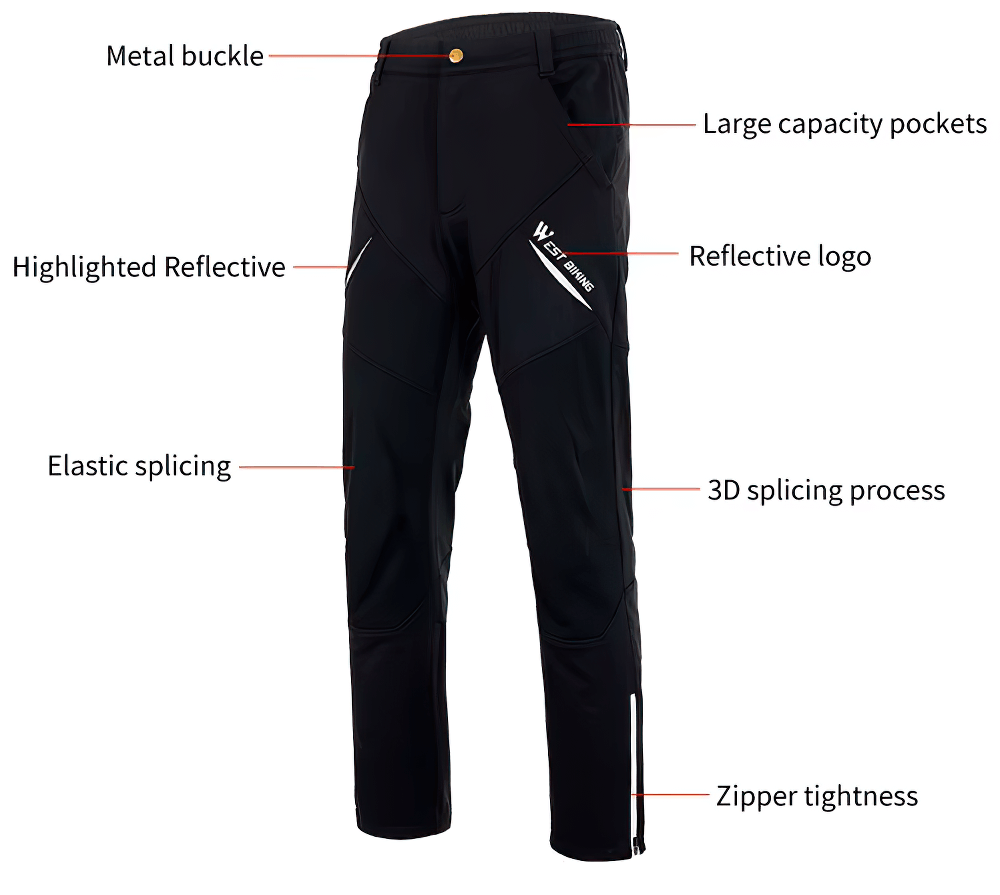 Men's fleece cycling pants with reflective details, featuring pockets, elastic splicing, and ergonomic design - model SF2636.