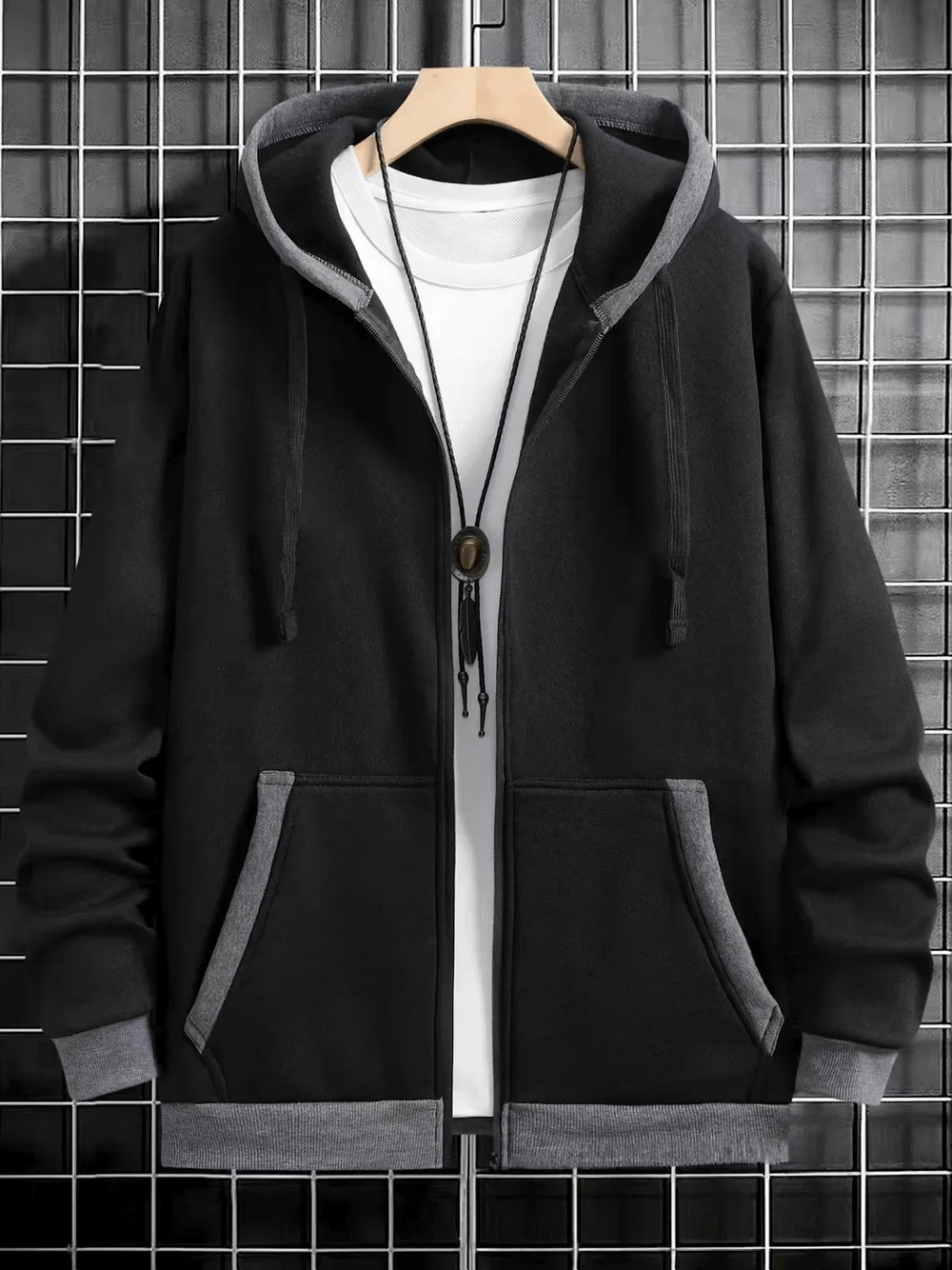 Men's Fleece Zip Up Hoodie with Contrast Trim - SF4683, black sports streetwear jacket, featuring a drawstring hood and roomy pockets.