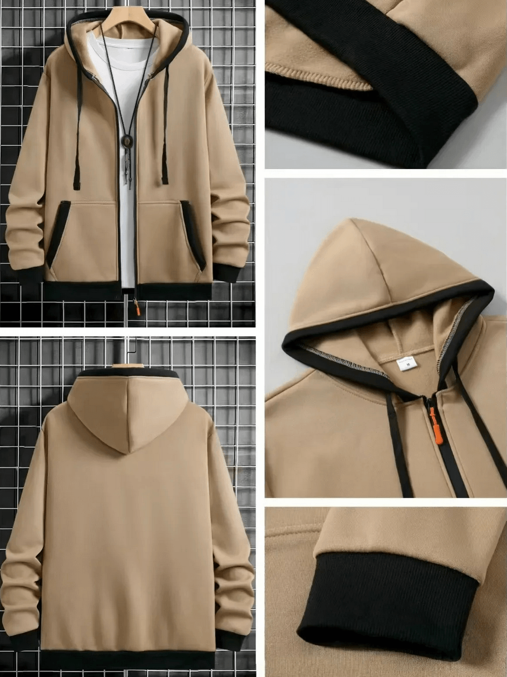 Men's Fleece Zip Up Hoodie with Contrast Trim - SF4683 in beige with black trim showcasing hood and pockets.