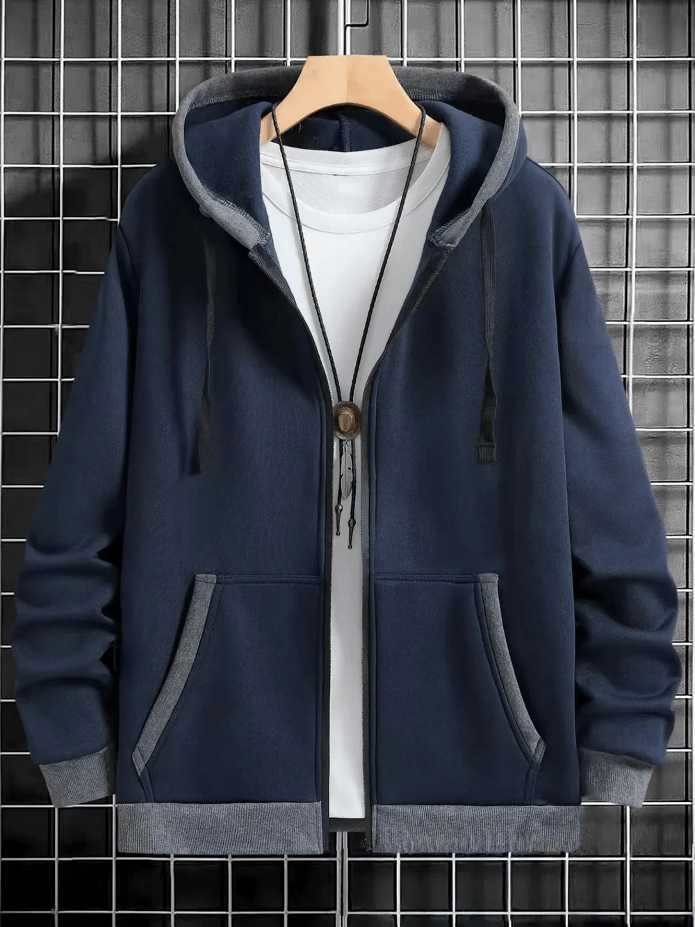 Men's Fleece Zip Up Hoodie with Contrast Trim - SF4683 on display, featuring a drawstring hood and stylish pockets.