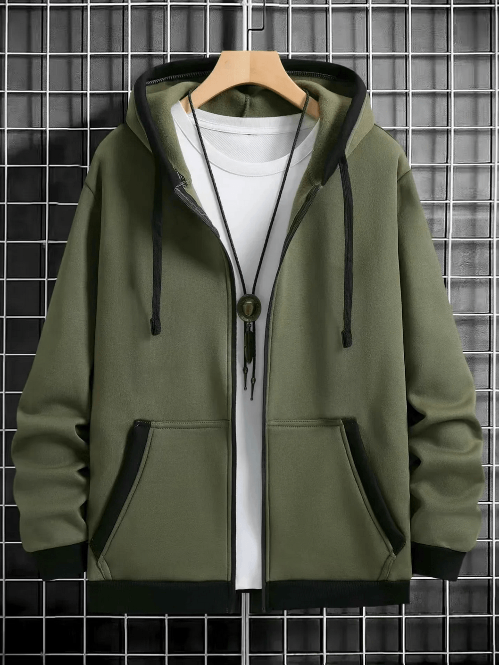 Men's Fleece Zip Up Hoodie with Contrast Trim - SF4683 in olive green hanging on a grid backdrop.