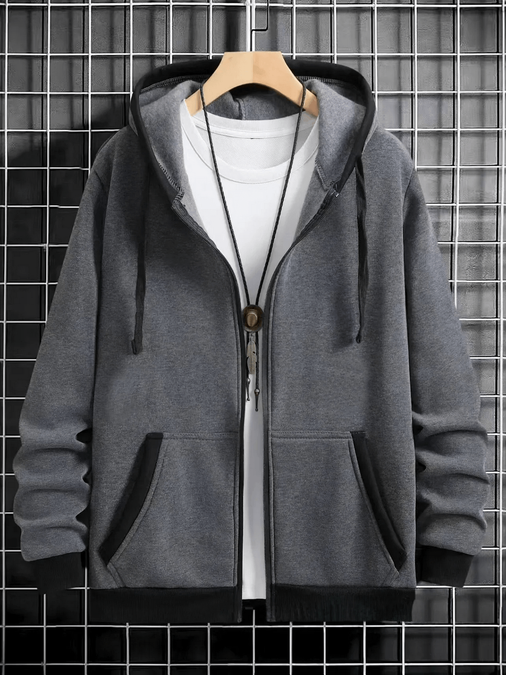 Men's Fleece Zip Up Hoodie with Contrast Trim - SF4683 displayed on a hanger against a grid background.
