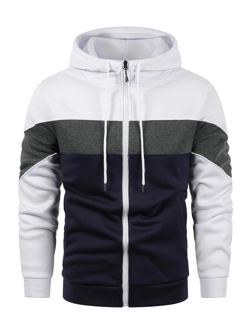 Men's Full Zip Hoodie with Contrast Panel Design - SF4717 in white, gray, and navy color scheme.