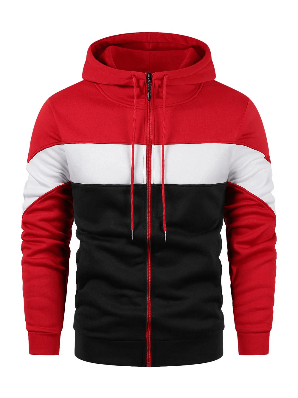 Men's Full Zip Hoodie with Contrast Panel Design - SF4717 in red, white, and black with front zipper details.