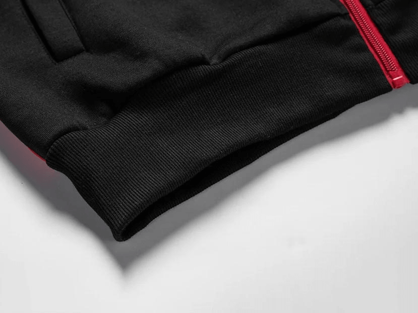 Men's Full Zip Hoodie with Contrast Panel Design - SF4717 close-up of the stylish cuff and red zipper detail.