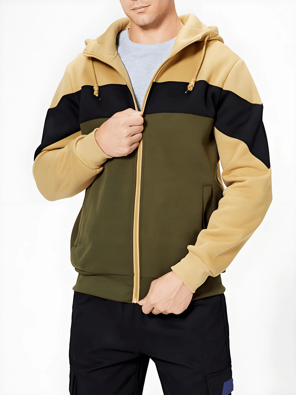 Men's Full Zip Hoodie with Contrast Panel Design - SF4717 in stylish colors and design worn by a model.