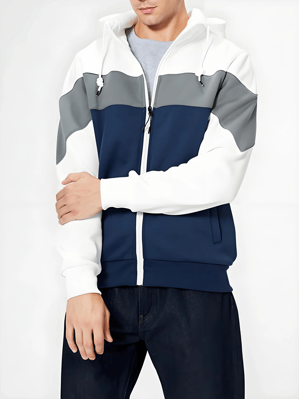 Men's Full Zip Hoodie with Contrast Panel Design - SF4717 in navy and white worn by model.