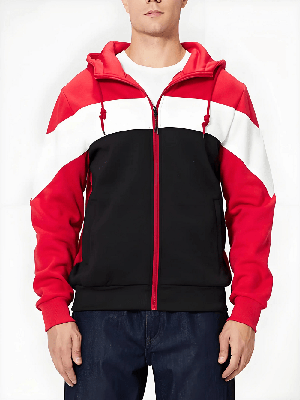 Men's Full Zip Hoodie with Contrast Panel Design - SF4717 in red, black, and white, perfect for casual wear.