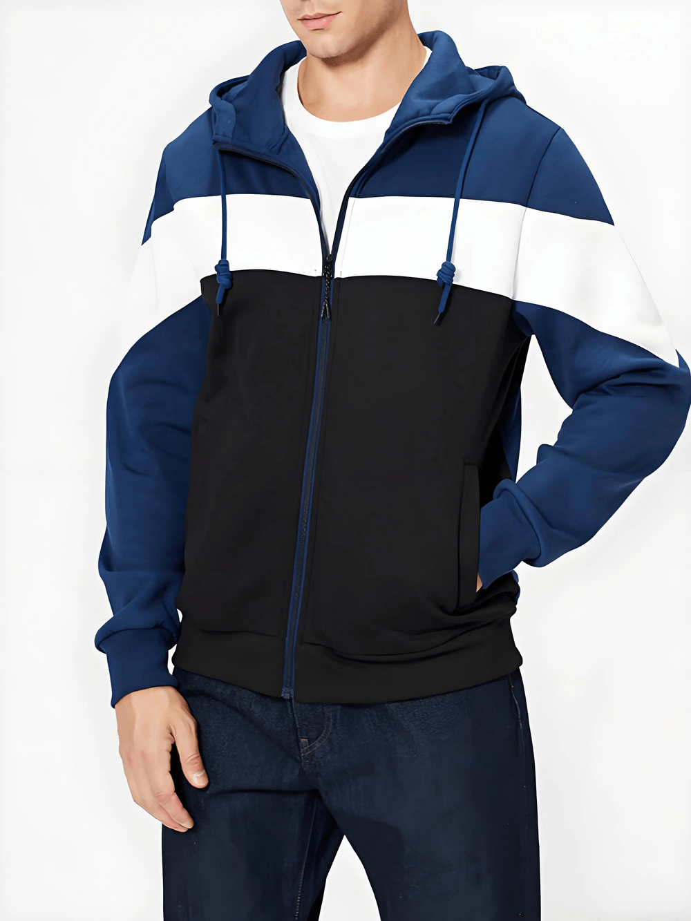 Men's Full Zip Hoodie with Contrast Panel Design - SF4717 worn by a model, showcasing trendy colors and style.