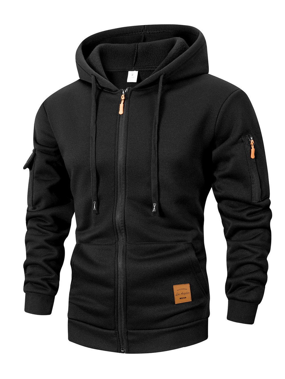 Men's Full Zip Hoodie with Utility Sleeve Pocket - SF4620 in black with zip pocket and drawstring hood.