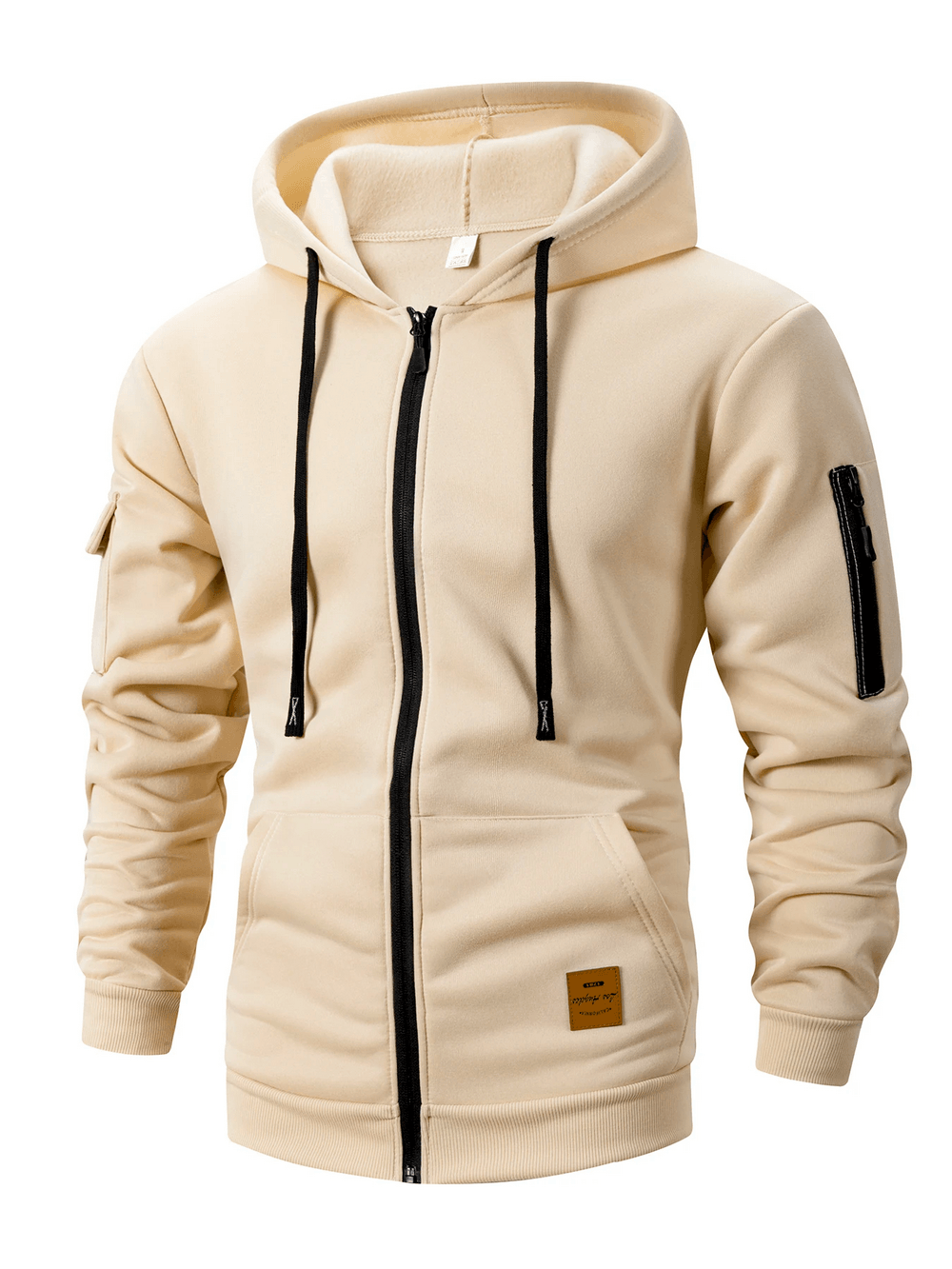 Men's Full Zip Hoodie with Utility Sleeve Pocket - SF4620 in beige color, featuring a drawstring hood and utility pocket.