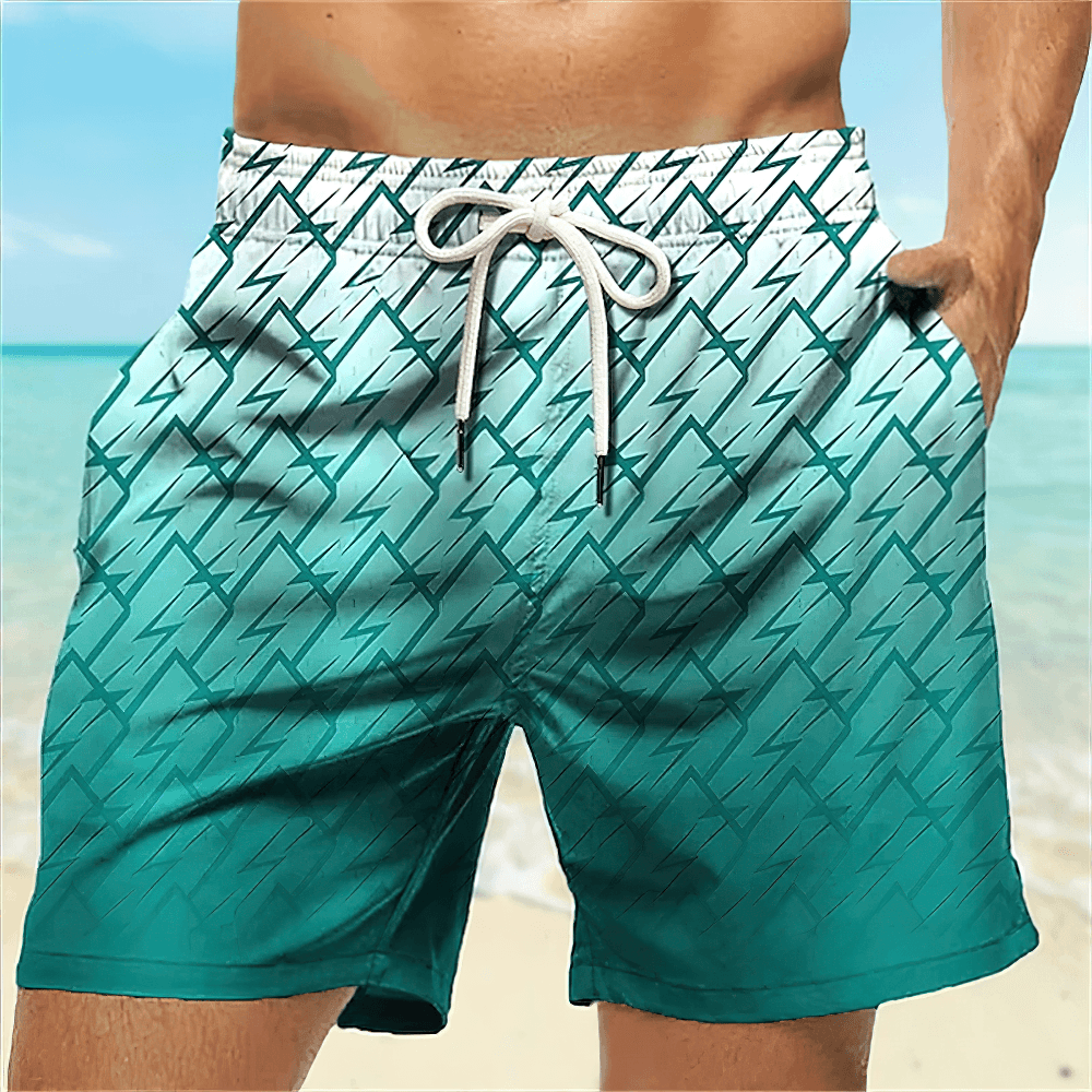 Alt Tag: Men's Geometric Ombre Drawstring Beach Shorts - SF4527 teal lightning geometric gradient swim shorts with pockets and drawstring