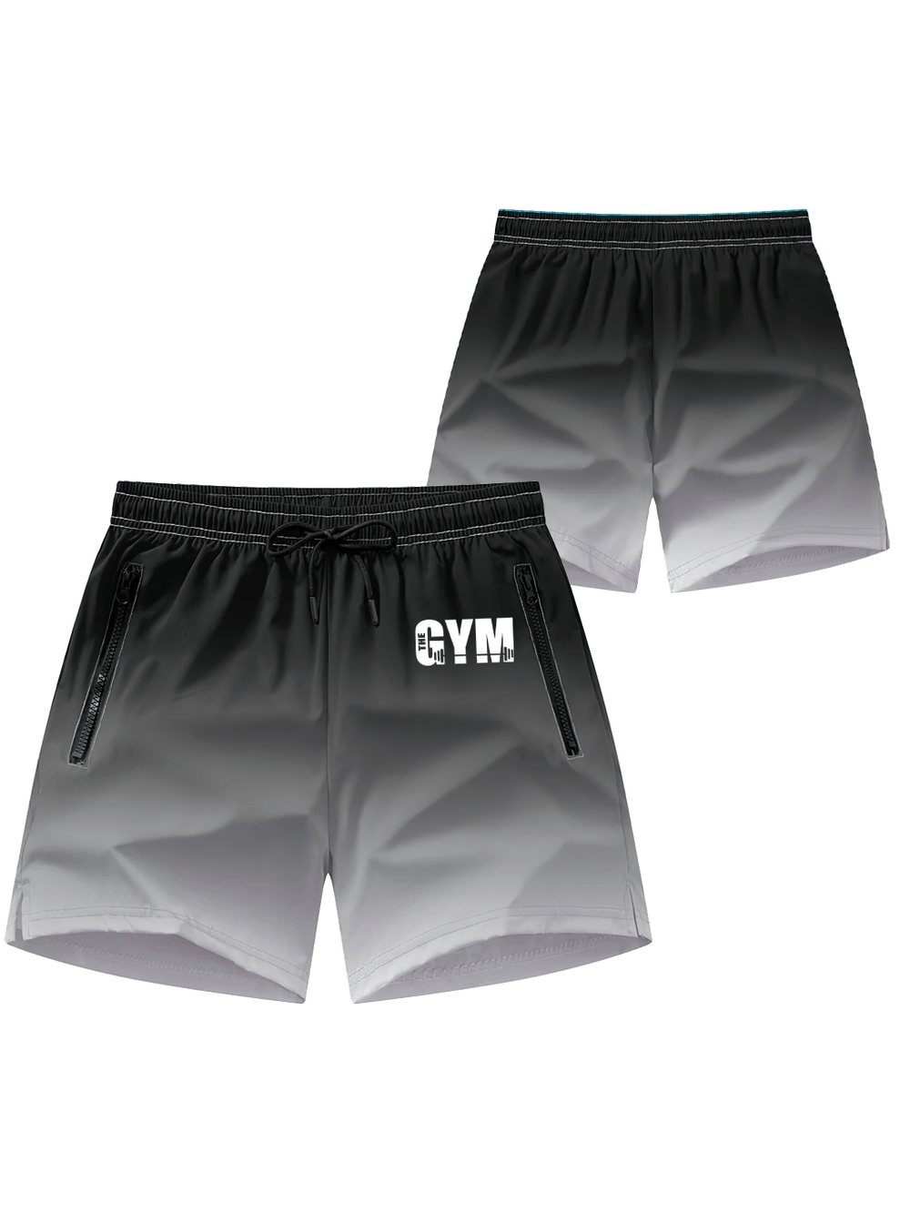 Alt Tag: Men's Gradient Board Shorts with Side Zip Pockets - SF4545 black-to-gray gradient shorts with drawstring waist, side zip pockets, gym logo