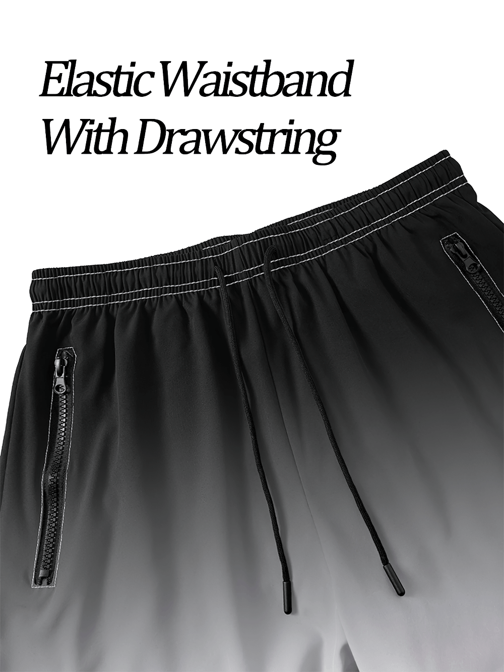 Alt Tag: Men's Gradient Board Shorts with Side Zip Pockets - SF4545 elastic waistband with drawstring and side zip pockets close-up