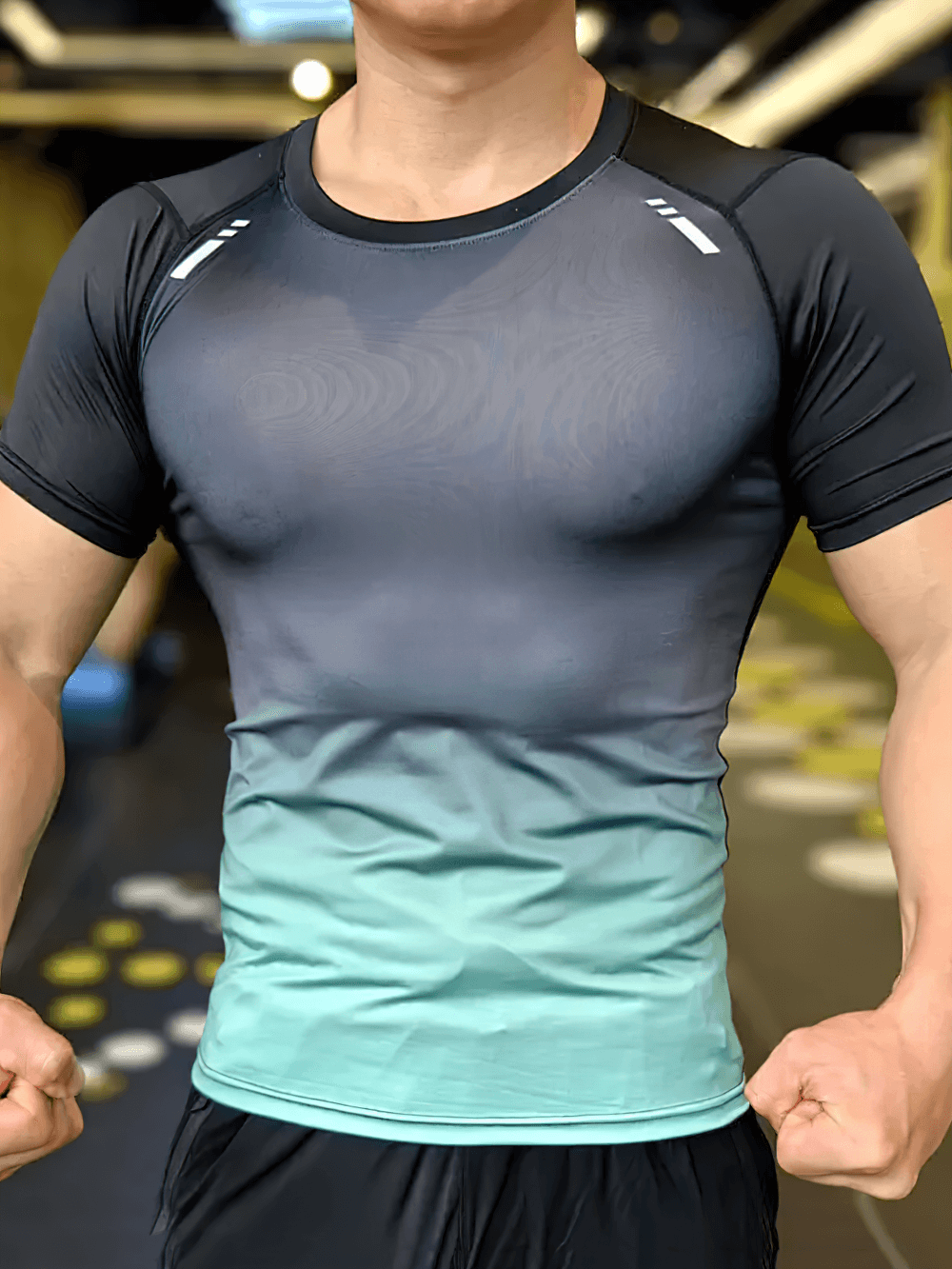 Alt Tag: Men's Gradient Compression Gym T-Shirt Slim Fit - SF4344 on athlete, muscle-fit short sleeve workout top with bold gradient design