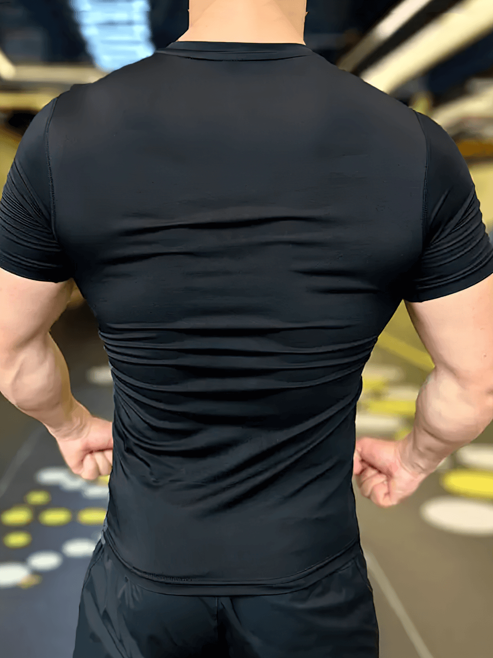 Alt Tag: Men's Gradient Compression Gym T-Shirt Slim Fit - SF4344 worn by athlete, back view slim fit compression training top in gym