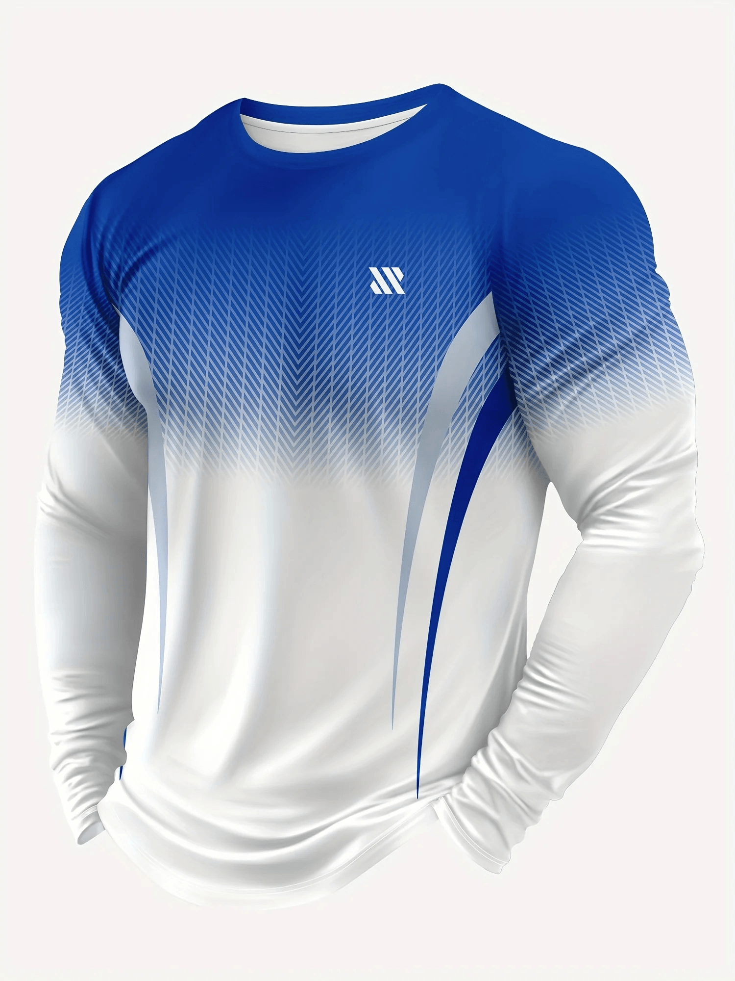 Men's Gradient Long-Sleeved Running Training Top - SF4576 in blue and white with geometric print, perfect for workouts.