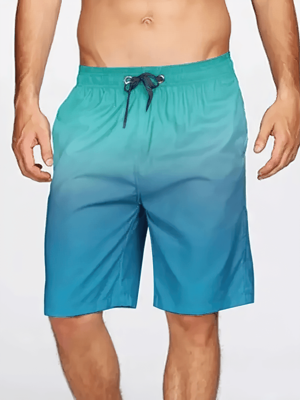 Alt Tag: Men's Gradient Swim Trunks with Drawstring Waist - SF4490 teal-to-blue ombre swim shorts with elastic waist and adjustable drawstring