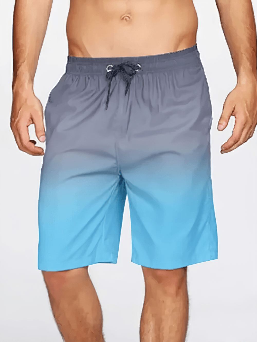 Alt Tag: Men's Gradient Swim Trunks with Drawstring Waist - SF4490 gray-to-blue ombre swim shorts with elastic drawstring waist