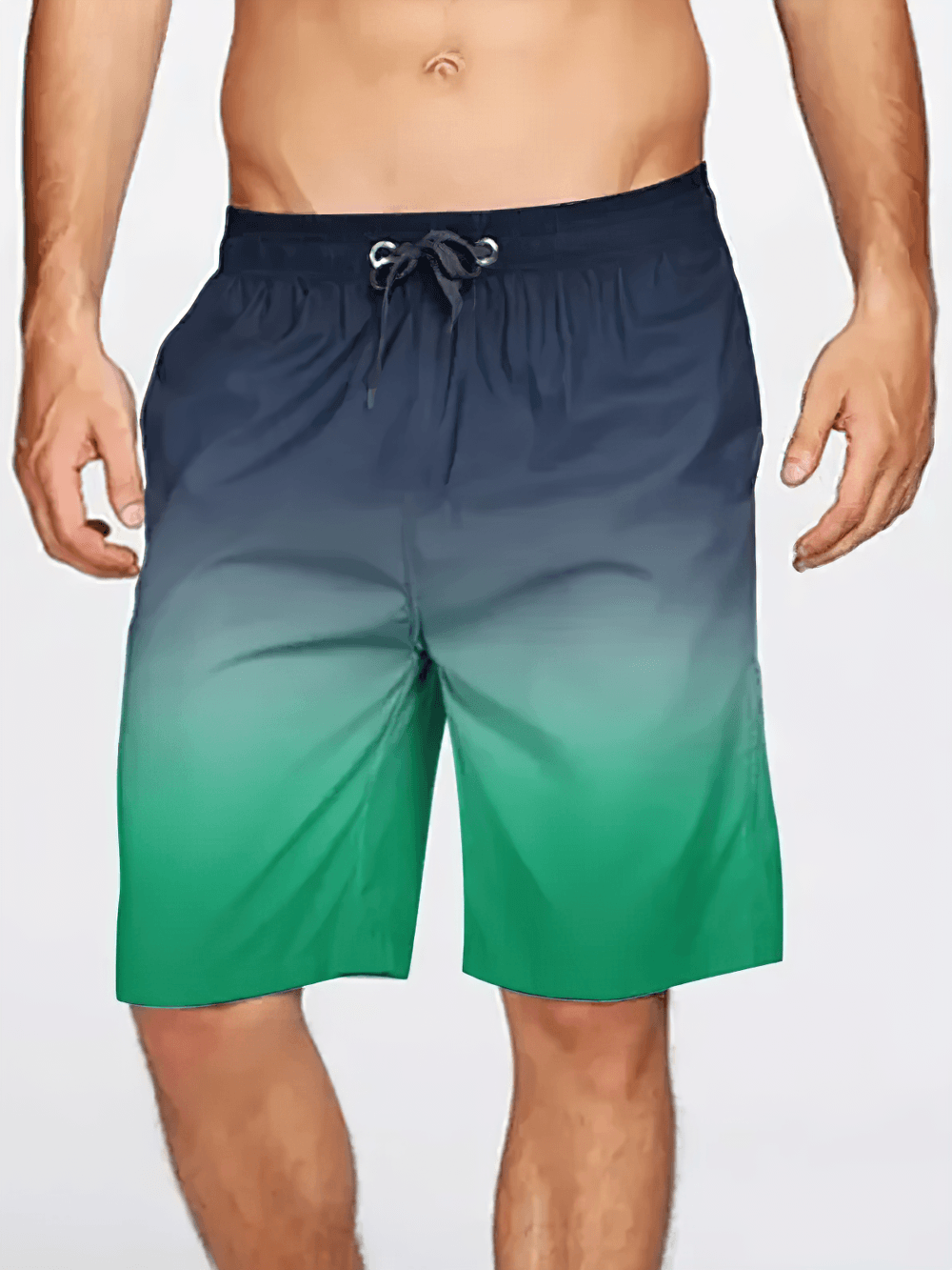 Alt Tag: Men's Gradient Swim Trunks with Drawstring Waist - SF4490 navy-to-green ombre swim shorts with elastic drawstring waistband