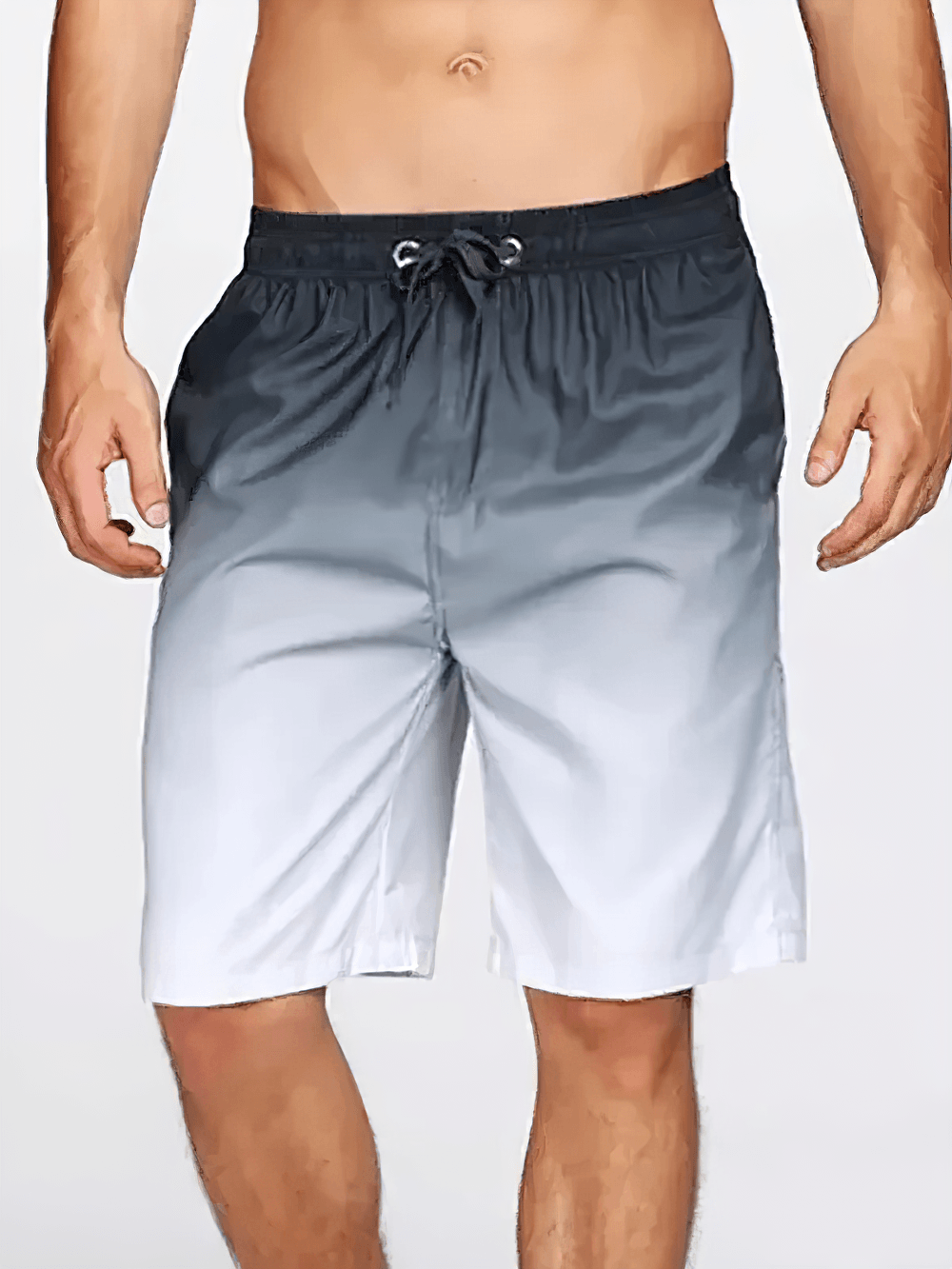 Alt Tag: Men's Gradient Swim Trunks with Drawstring Waist - SF4490 ombre gray swim shorts with elastic drawstring waistband, above-knee fit