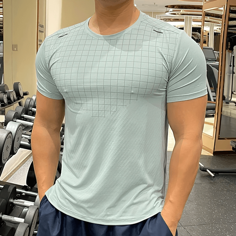 Men's grid-print quick-dry gym tee by Fit Clothing, perfect for workouts, featuring breathable fabric and a stylish design, SF2002