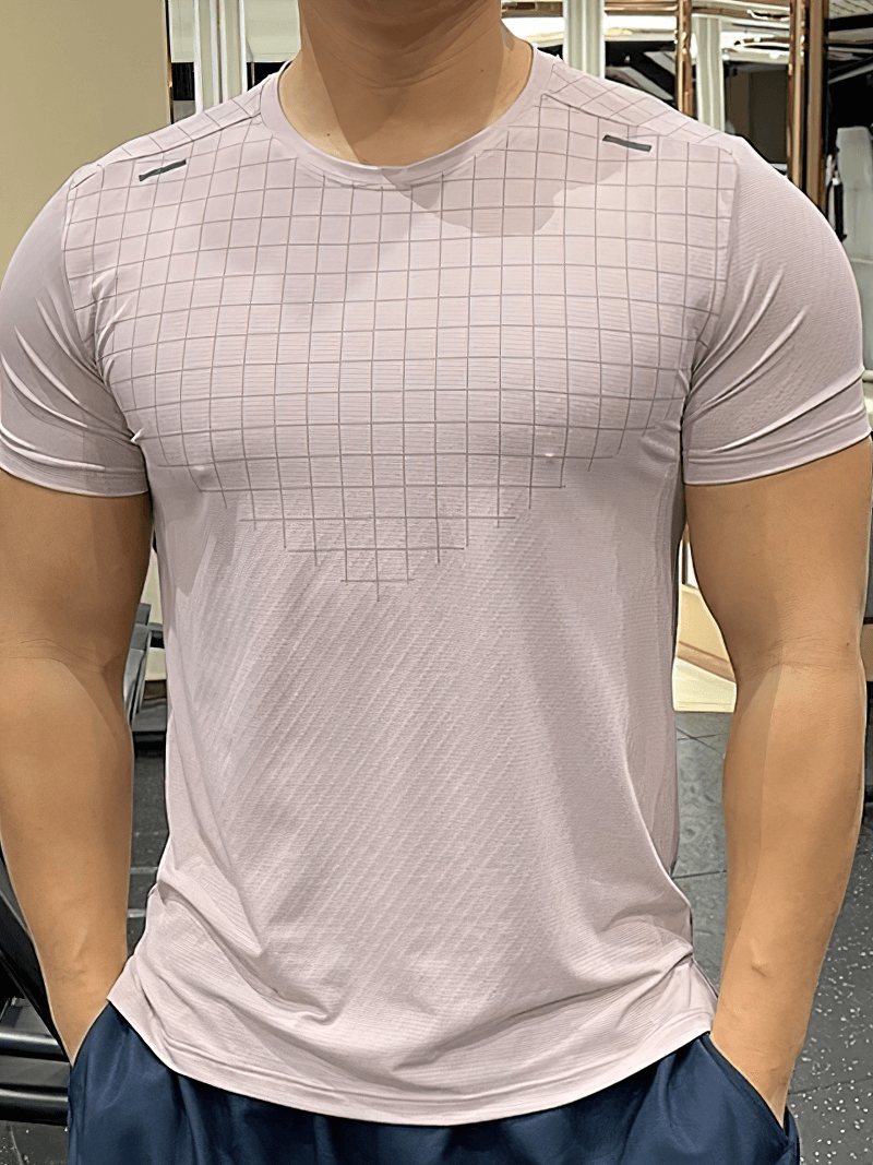 Men's grid-print quick-dry gym tee by Fit Clothing, featuring O-neck and short sleeves, perfect for intense workouts.