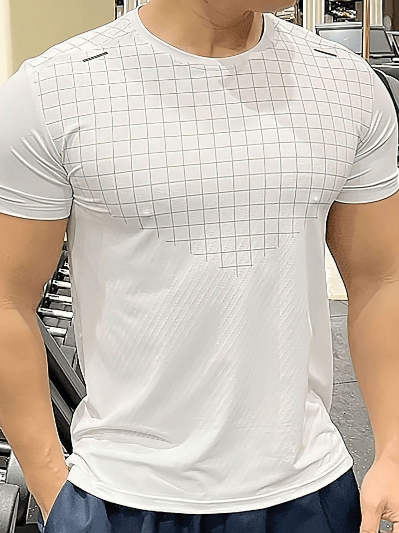 Men's grid-print quick-dry gym tee with O-neck and short sleeves, perfect for high-performance workouts. SF2002 Fit Clothing.