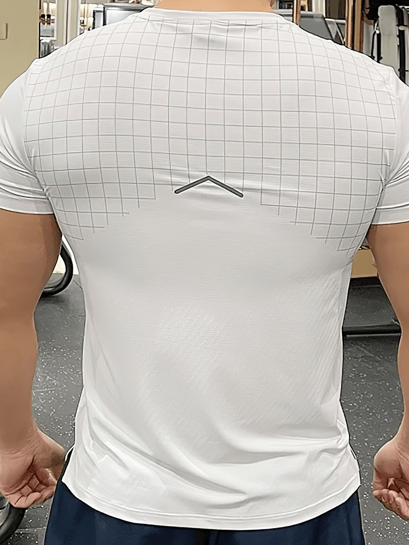 Back view of Men's Grid-Print Quick-Dry Gym Tee in white, showcasing grid pattern design, perfect for intense workouts.