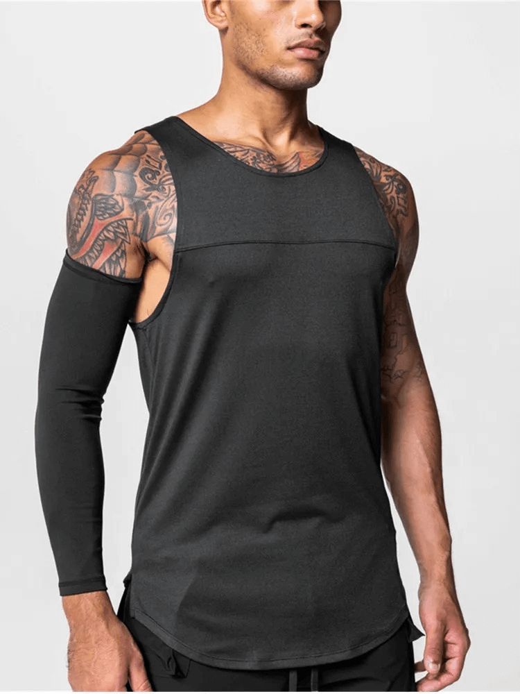 Men's black gym tank top with O-neck and asymmetric hem, perfect for workouts and made from breathable polyester. Model wearing SF1824.