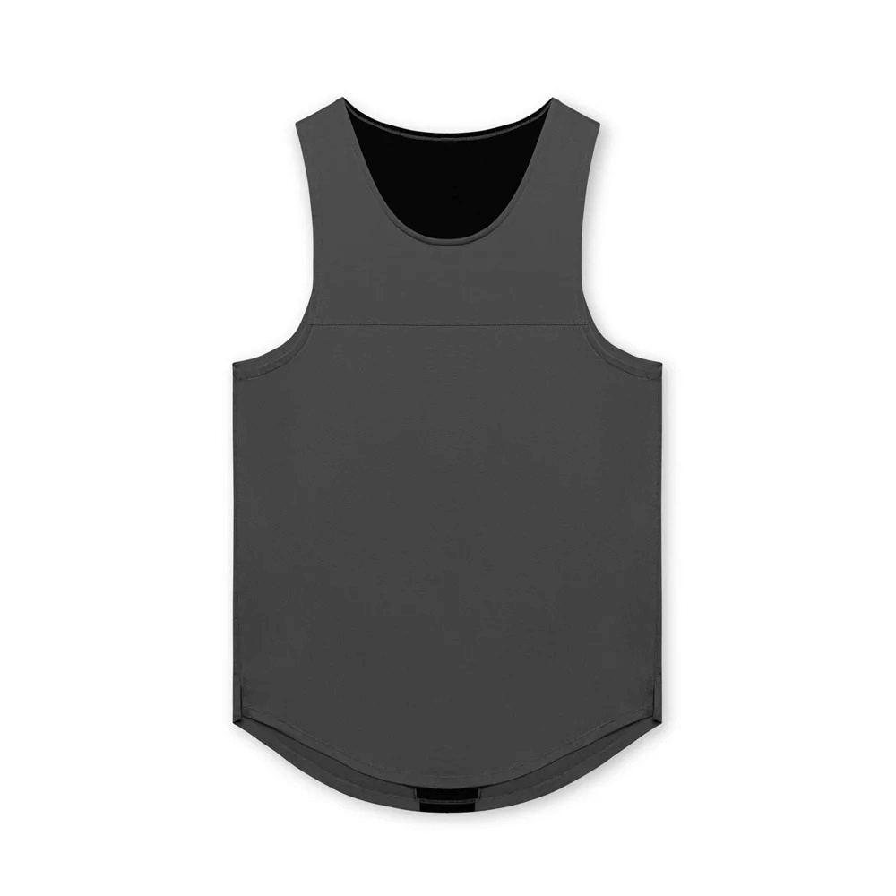Men's gym training O-neck tank top with asymmetric hem, solid pattern, high-quality polyester fabric, perfect for workouts.