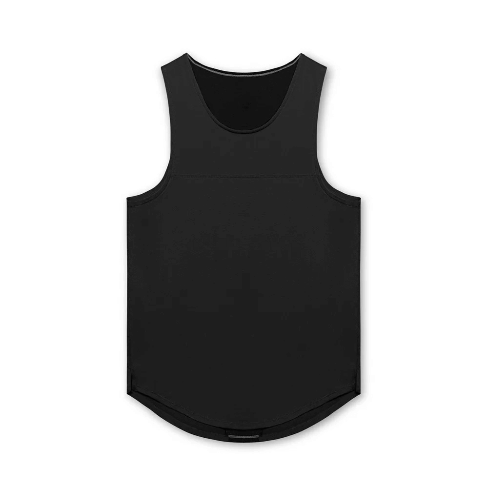 Black men's gym training O-neck tank top with asymmetric hem, made from breathable polyester, ideal for workout sessions.