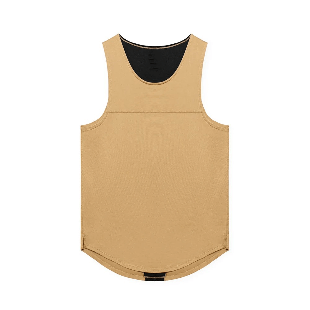 Men's gym training O-neck tank top with asymmetric hem, beige, breathable polyester, perfect for workouts, style SF1824.
