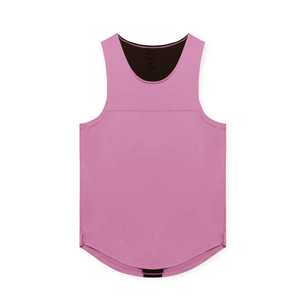 Men's gym training tank top with O-neck and asymmetric hem in solid pink color, made of breathable polyester.