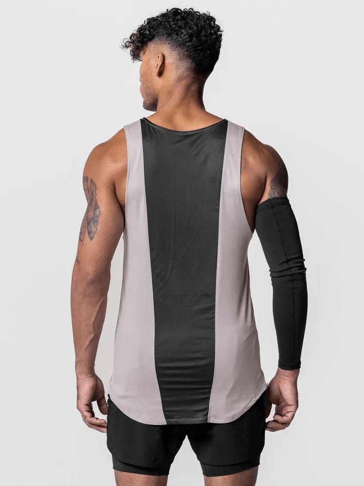 Men's Gym Training O-Neck Tank Top with Asymmetric Hem in beige and black, perfect for workouts, made from breathable polyester fabric.