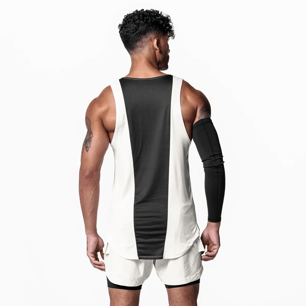Back view of a man wearing a Men's Gym Training O-Neck Tank Top with Asymmetric Hem in black and white, perfect for workouts.