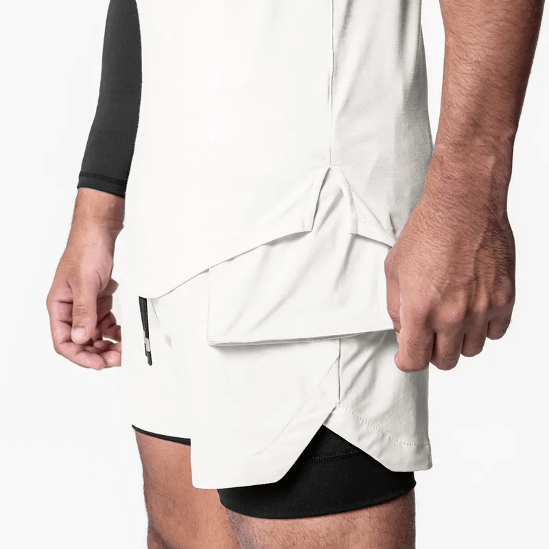 Men's gym O-neck tank top with asymmetric hem, close-up view. Perfect for workouts, breathable polyester fabric, solid pattern. SF1824.