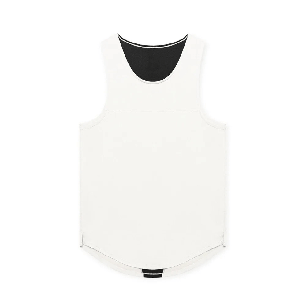 Men's O-Neck Gym Tank Top with Asymmetric Hem - White Polyester