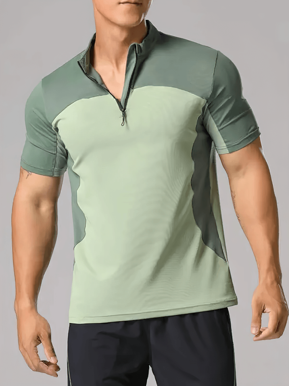 Alt Tag: Men's Half Zip Athletic Golf Tennis Sport T-Shirt - SF4343 muscle fit colour block short sleeve half zip gym top