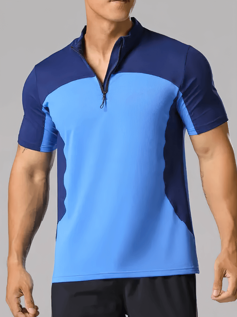 Alt Tag: Men's Half Zip Athletic Golf Tennis Sport T-Shirt - SF4343 blue colour block muscle fit short sleeve half zip athletic top