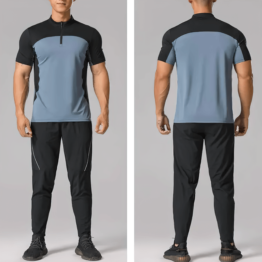 Alt Tag: Men's Half Zip Athletic Golf Tennis Sport T-Shirt - SF4343 front and back view, muscle fit color block short sleeve half zip gym top