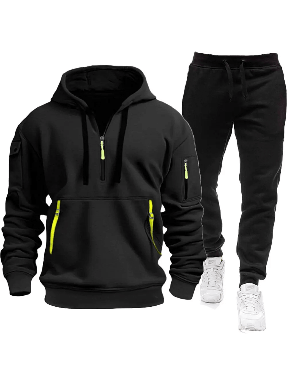 Men's Half-Zip Hoodie Tracksuit with Jogger Pants - SF4705 in black with neon accents and zip pockets.