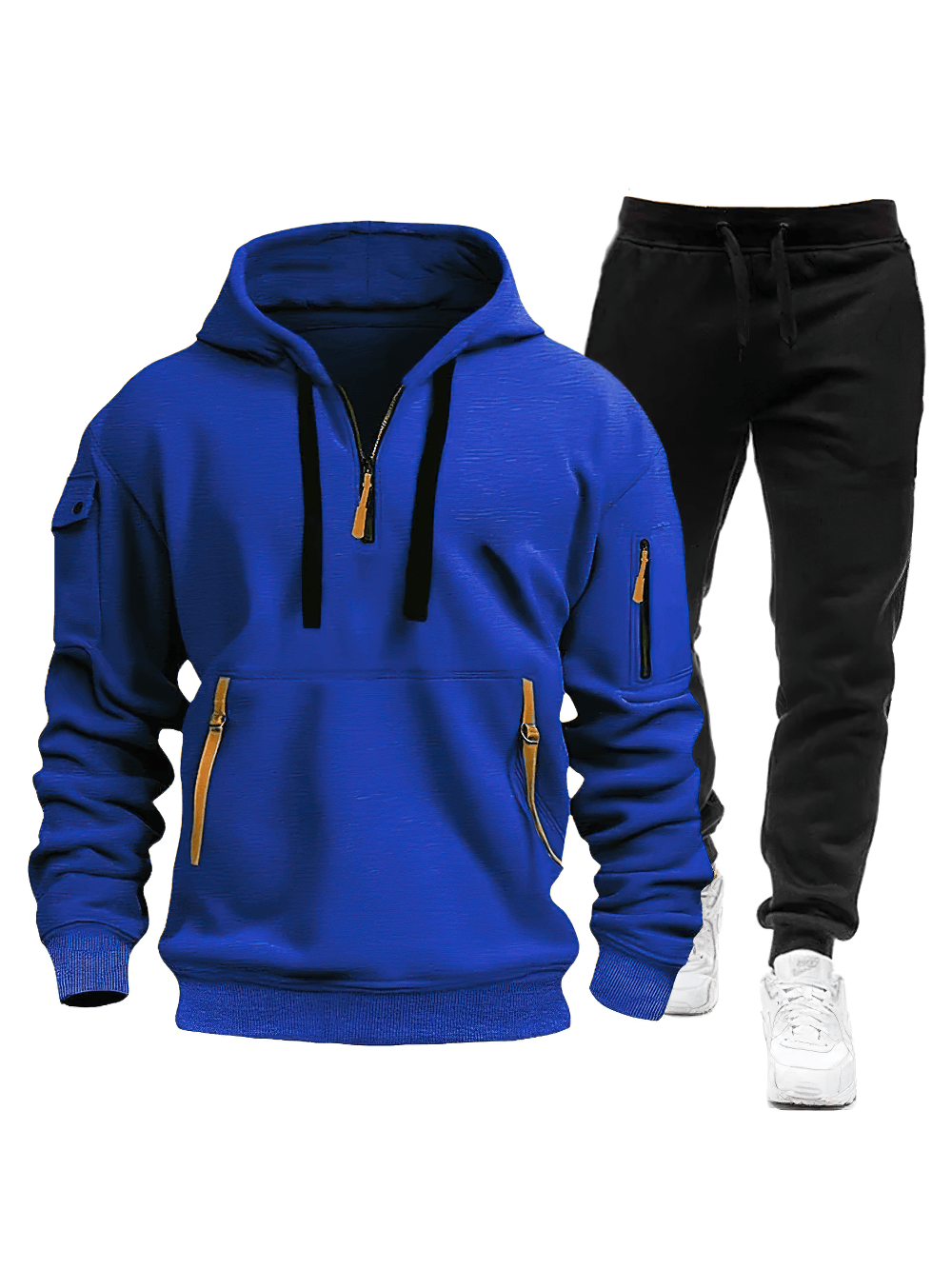 Men's Half-Zip Hoodie Tracksuit with Jogger Pants - SF4705 in blue with cargo sleeve pocket and zippered details.