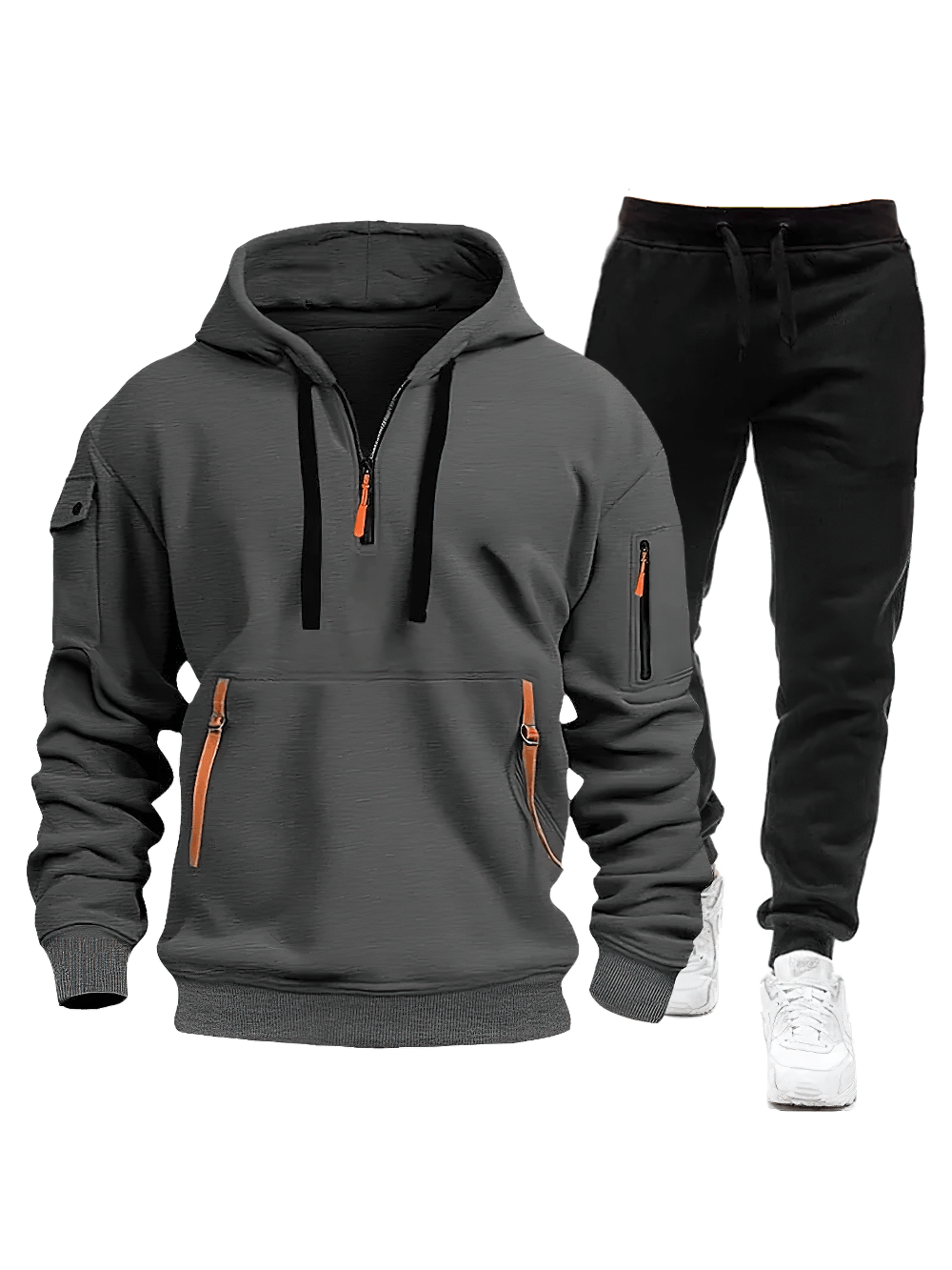 Men's Half-Zip Hoodie Tracksuit with Jogger Pants - SF4705 in grey with orange accents and pockets.