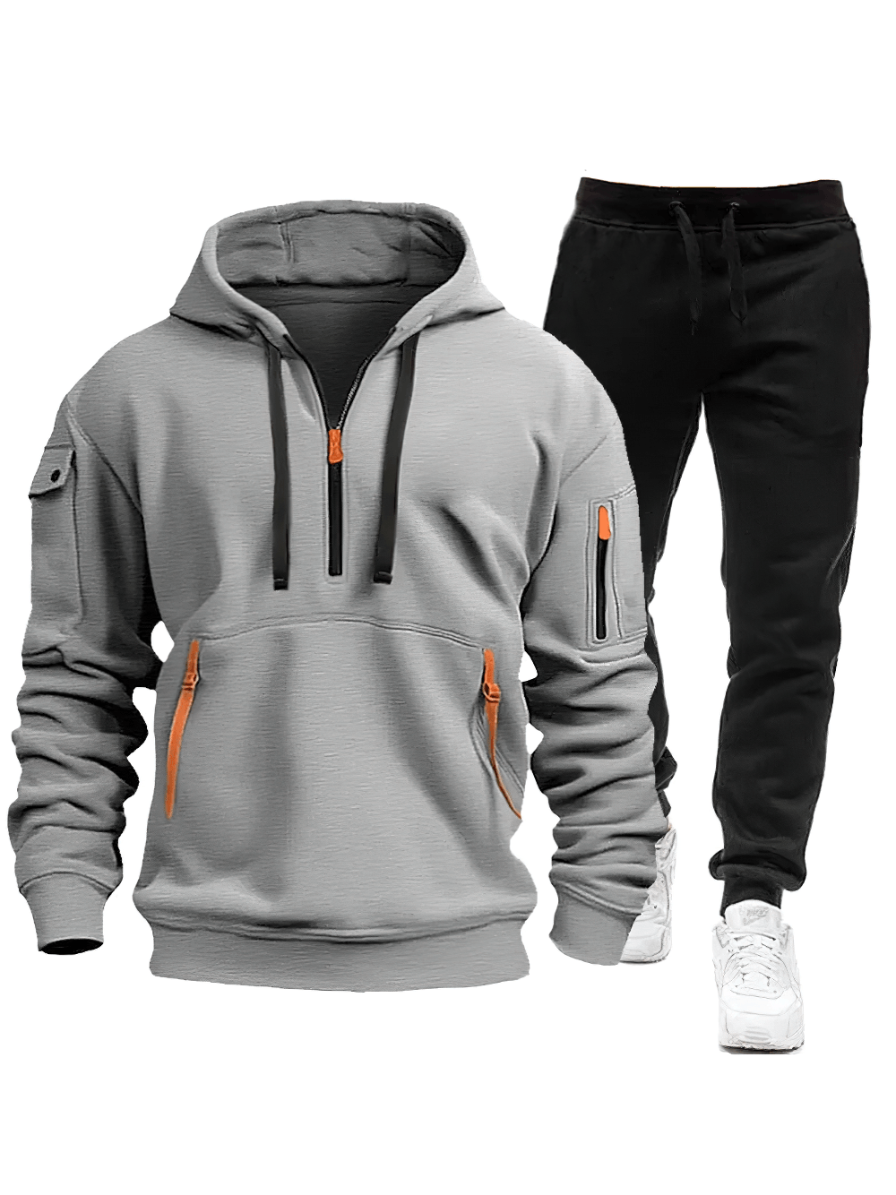 Men's Half-Zip Hoodie Tracksuit with Jogger Pants - SF4705 in grey with cargo sleeve pocket and sporty design.