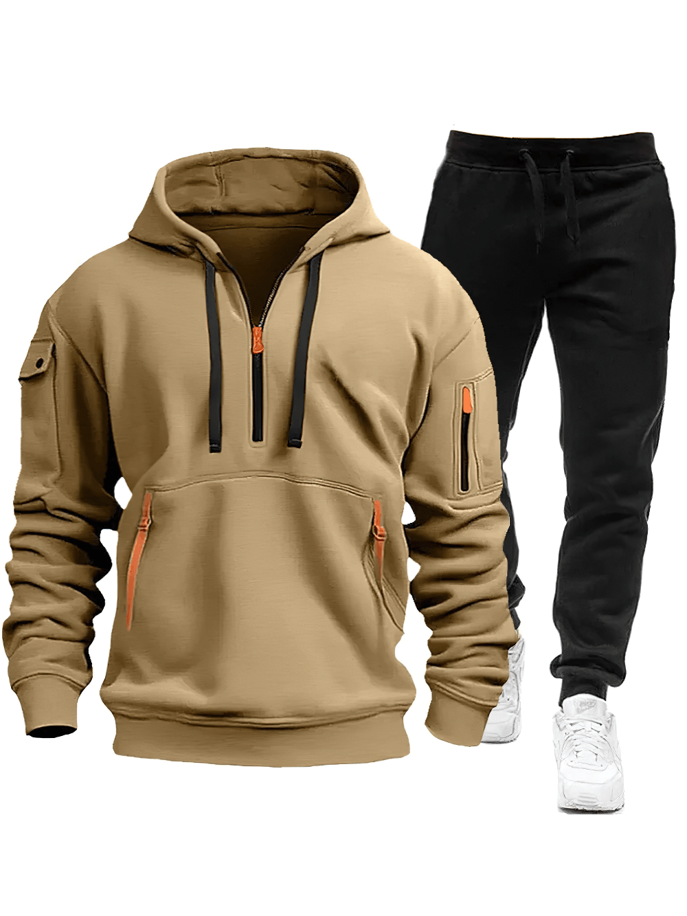 Men's Half-Zip Hoodie Tracksuit with Jogger Pants - SF4705 in khaki and black for stylish comfort.