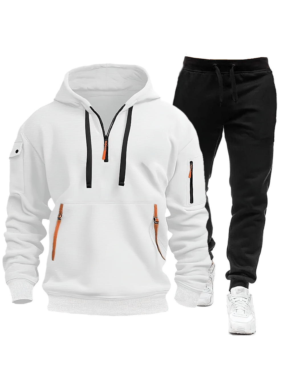 Men's Half-Zip Hoodie Tracksuit with Jogger Pants - SF4705 in white with cargo sleeve pocket and zip pockets.